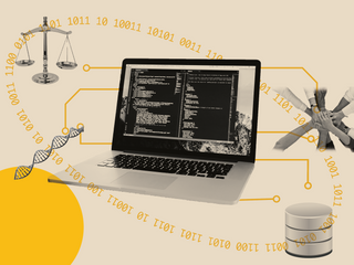 A laptop showing code, surrounded by a ring of bits, circuits, and other related stem concepts.