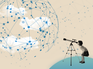 A girl looking through a telescope at the stars, but the stars are nodes and edges.