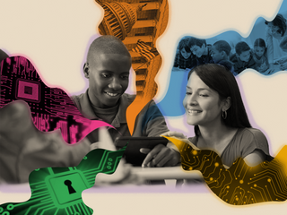 A Black man and a woman staring at a tablet while colored streams of technical and sociotechnical ideas flow in and out of the device.