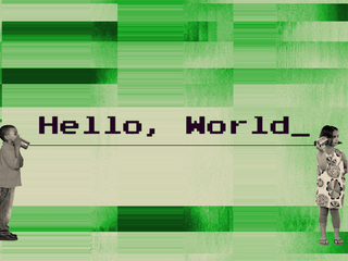 The phrase ‘Hello World’, with a boy on the left speaking through a can to a girl on the right, who is looking away.