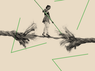 A girl walking an enlarged rope like a tightrope, with abstract green shapes dancing in the backdrop.