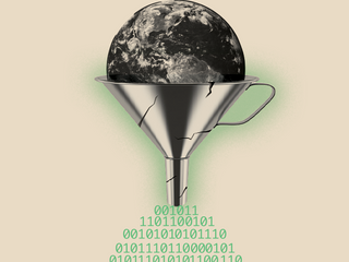 Earth, in a cracked chalice, whose base is rows of bits.