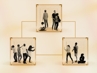 Three boxes connected by lines with small people inside, trying to get out.