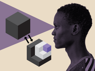 A Black person looks left, viewing a black cube, with a more detailed cube below, out of view.