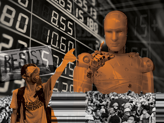 A large crowd of small people gathered in protest of a very large humanoid robot, backset by stock tickers.